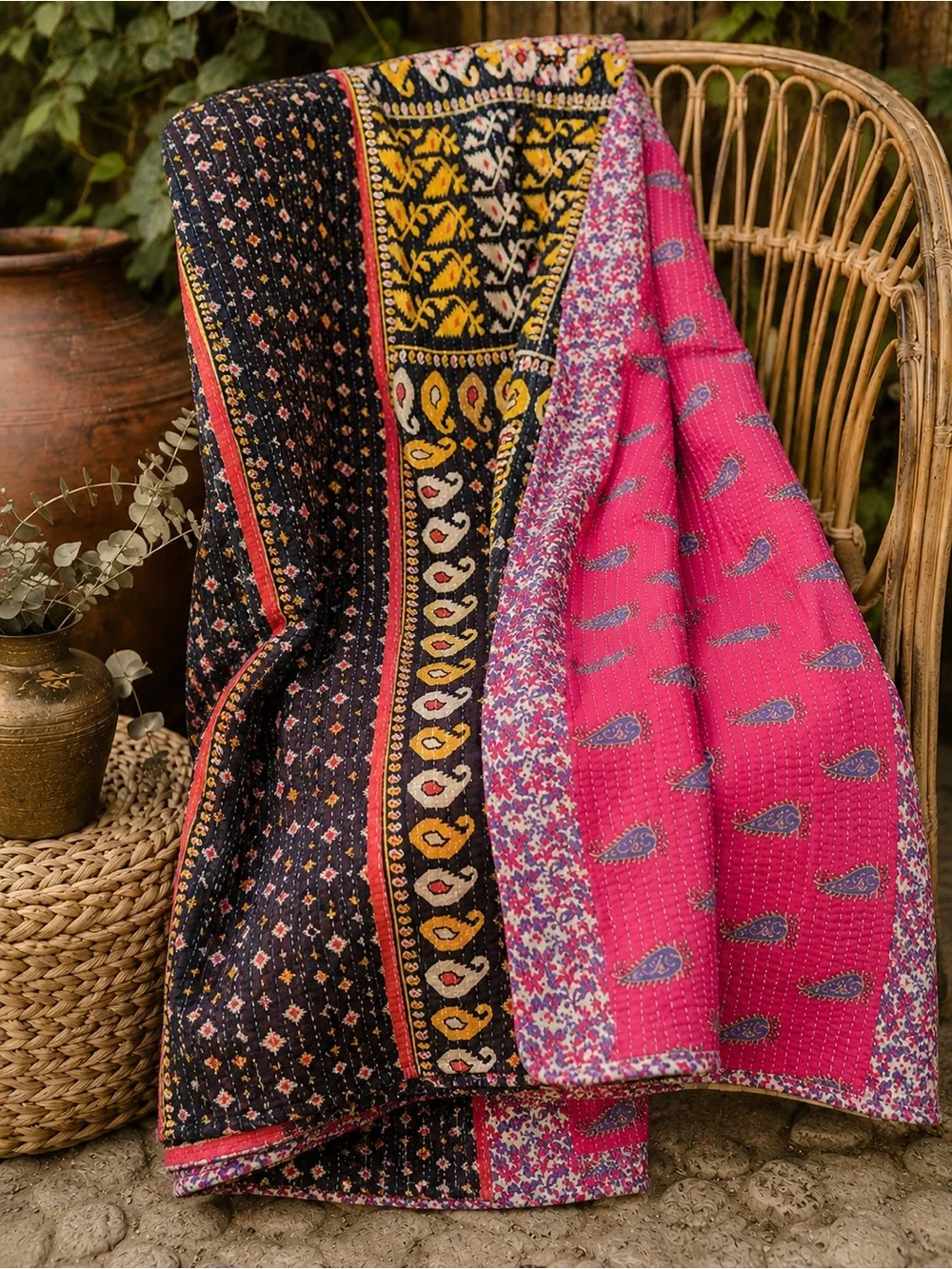 Vintage Handmade Printed Kantha Quilt India Sari Throw Blanket Twin 52x80